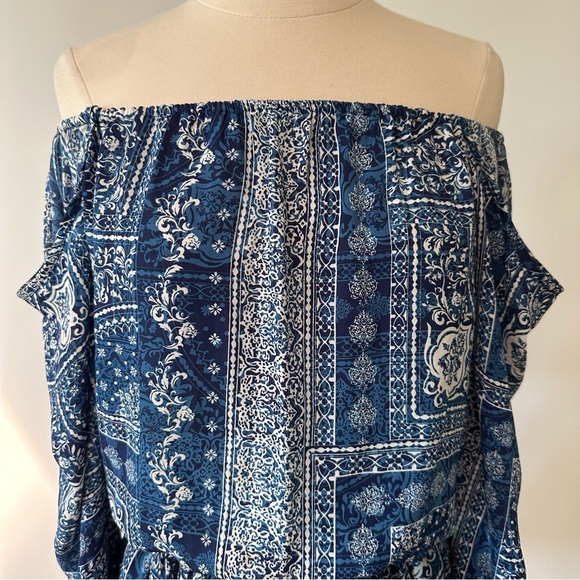 ❣️HP❣️NWT Surf Gypsy Blue White Cold Shoulder Floral Ruffle Mini Dress. Sz: S - Picture 6 of 13